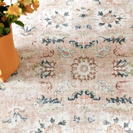 jinchan Area Rug 4x6 Persian Rug Vintage Floor Cover Foldable Thin Retro Mat Blush Pink Floral Print Distressed Carpet Non Slip Boho Chic Farmhouse Kitchen Living Room Bedroom Dining Room