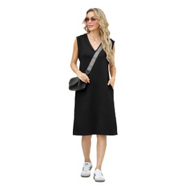 GRECERELLE Womens Summer Casual V-Neck Loose Split Midi Sun Dress with Pockets (Large, Black)
