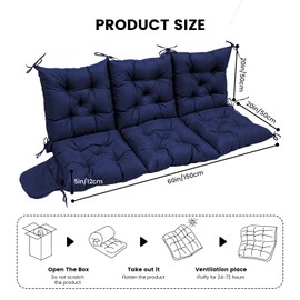 Outdoor Porch Swing Cushion with Backrest, Waterproof 2-3 Seater Replacement Swing Cushion, Thickened Bench Cushion with Ties for Patio Furniture, Porch, Backyard, Garden, Lawn (NavyBlue 60*40in)