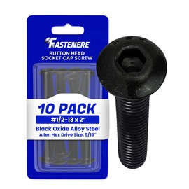 Fastenere Button Head Socket Cap Screws - 1/2-13 x 2 (10-Pcs) Alloy Steel, Fully Threaded, Fine Black Oxide Finish, Corrosion-Resistant, Machine Thread, Easy to Install w/Allen Hex Drive