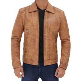Decrum Brown Leather Jacket Men - Motorcycle Mens Leather Jackets | [1104915] Jhonwck Camel, XL