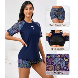 Halcurt Womens Two Piece Bathing Suits Short Sleeve Rash Guard with Built in Bra Navy Paisley S