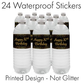 Black and Gold 30th Birthday Party Water Bottle Labels - 24 Stickers