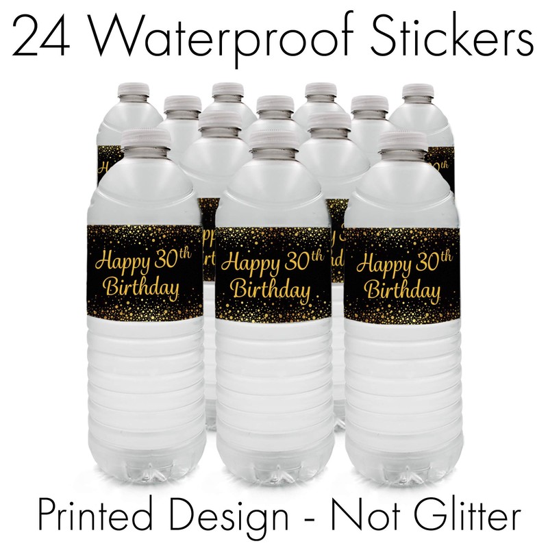 Black and Gold 30th Birthday Party Water Bottle Labels -