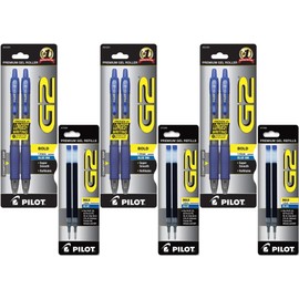 Pilot G2 Retractable Premium Gel Ink Roller Ball Pens, Bold Point, 6-Pack, Blue Ink (31251) with 6 Blue Ink Refills