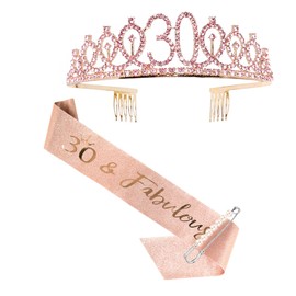 Rose Gold 30th Birthday Sash, Tiara, and Sash Set for Her - Elegant Fabulous Party Supplies for 30th Celebration