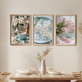 AQCQDQ Set of 3 Poster Flowers, Pink Tulip Aesthetic Decorative Poster Set, Spring Warm Romantic Pink Flowers Decorative Painting Core Canvas Pictures Wall Decoration Wall Collages, Without Frame (30