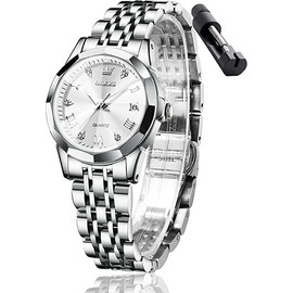 OLEVS Watches for Womens Silver Ladies Stainless Steel Waterproof Small Wrist Watches Diamond White Date Dial