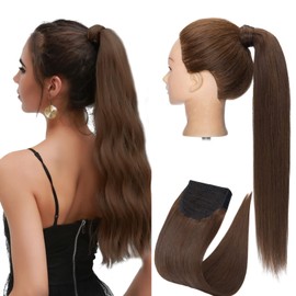 S-noilite Wrap Around Ponytail Hair Extension Human Hair Ponytail 18" Medium Brown Remy Hair Straight Ponytail with Highlighted Brazilian Hair Wrap Ponytail Magic Paste 90g(18" #04)