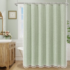 MitoVilla Sage Green Boho Shower Curtain for Vintage Rustic Bathroom Decor, Modern Farmhouse Polyester Linen Fabric Neutral Wrinkle Resistant Cloth Shower Curtain with Tassel, 72 x 72