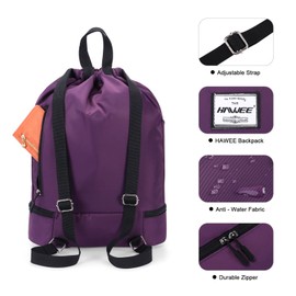 HAWEE Waterproof Drawstring Backpack with Inner Pocket Large Gym Bag Drawstring Daypack Drawstring Bag Sports Bag Unisex for Women Men Travel Everyday School Outdoor Yoga Swimming Beach, Purple,