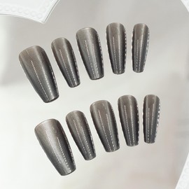 24Pcs Silver Press on Nails Medium Coffin Fake Nails Cat Eye False Nails with Gradient Design Glitter Press on Nails Full Cover Glossy Acrylic Nails Stick on Nails f