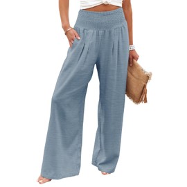 Angerella Women Palazzo Pants Summer Boho Wide Leg High Waist Casual Lounge Pant Trousers with Pocket Blue L