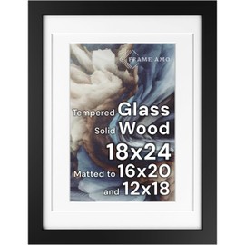 Frame Amo 18x24 Black Solid Wood Poster Frame, White Multi Mat for 16x20 and 12x18 Image, Tempered Glass Front, 1.5 inch Wide, 1 inch Thick, High-End, Heavy-Duty, Gallery Grade & Acid-Free