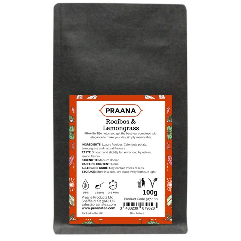 PRAANA TEA Rooibos and Lemongrass Herbal Tea, 100 g