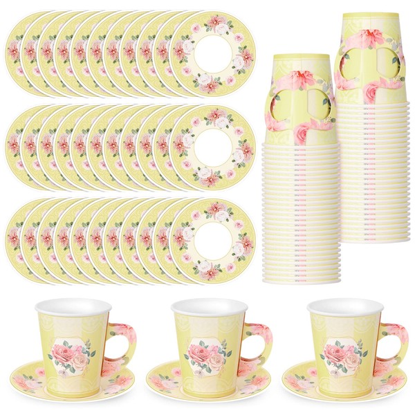 100 Pcs Tea Party Decorations Includes 50 Disposable Blossom Party Paper Tea Cups and 50 Plates, Floral Paper Tea Cups and Saucers for Hot Cold Drink Wedding Birthday Baby Bridal Shower (Light Yellow)