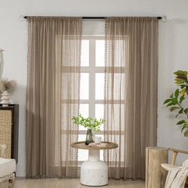 WAZZIO Crochet Boho Cotton Lace Curtains for Bedroom Living Room, Light Filtering Privacy Rod Pocket Sheer Drapes, 84 Inches Long, 2 Panel Set, Taupe