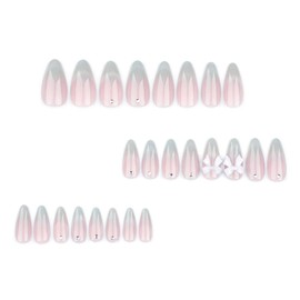 ANDGING Glitter White Press on Nails Almond Short Medium Ombre Fake Nails with 3D Bow Rhinestone Designs Classy Glue on Nails for Women Stick on Nails for Wedding Fantasy Manicure False Nails 24 Pcs