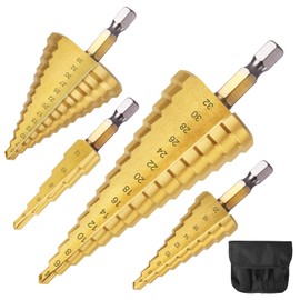 flintronic HSS Step Drill Bit Set 4 Pieces, Hex Shank Step Drill Bit 4-12/4-20/4-32/5-35 mm Triangular Metal Drill, Taper Drill Bit Titanium-Coated Peeling Drill for Metal, Brass, Wood, Plastic, Gold