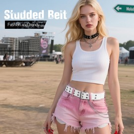 SANSTHS Women Double Grommet Studded Belts, white Leather Belt for Women Men Punk belt,white,XL