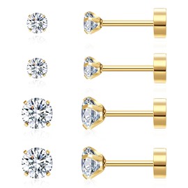 2 Pairs Flat Back Earrings for Women Multipack | 18K Gold Earrings | Helix Earrings | Cartilage Earring | Nickel Free Hypoallergenic Earrings | Cubic Zirconia Earrings Studs(3mm+5mm, Gold)