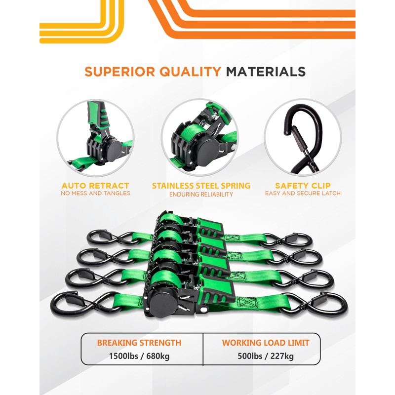Strapinno 4pcs Retractable Ratchet Straps Bundle 1in x 6ft Ratchet