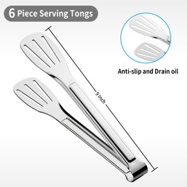 6 Pack Serving Tongs, Metal Tongs, Tongs for Serving Food, Food-Grade Stainless Steel Tongs, Small Tongs, Cooking Tongs, Small Tongs for Appetizers, Kitchen Tongs, Food Tongs,Dishwasher Safe (9 Inch)