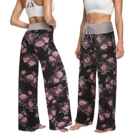 ZOOSIXX Soft Black Pajama Pants for Women, Plaid Comfy Casual Lounge Yoga Pants, B-purple Flower-1, XX-Large