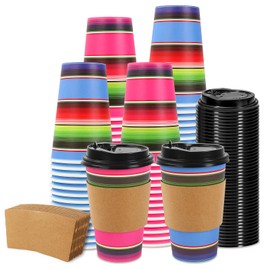 JarThenaAMCS 100 Set Mexican Fiesta Disposable Coffee Cups with Lids Kraft Sleeves Colorful Stripe Paper Drinking Cups for Cinco De Mayo Party Supplies