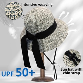 REETEE Sonnenhut Damen UPF 50+ Breiter Krempe Strandhut Sommerhut Damen Strohhut Faltbarer Strandmütze Strohhut (Grau)