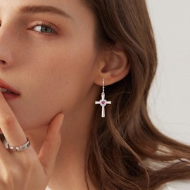 Raymard Cross&Heart Leverback Earrings for Womens, 925 Sterling Silver Dangle Drop Heart Cut Birthstone Christian Jewelry for Women-created ruby