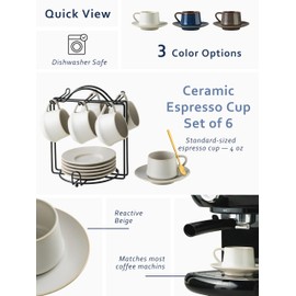 YHOSSEUN Espresso Cups with Saucers and Metal Stand, 4 Oz Ceramic Expresso Shots Cup Espresso Small Coffee Cups Set of 6, Beige