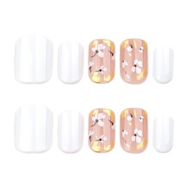 MERVF Square Press on Nails Short Fake Nails Pure White Glue ons Flower Squoval Acrylic Gold Design Fake Nails for Women 24pcs Glossy