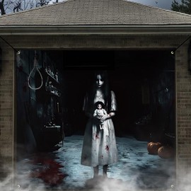 7 x 8 ft Halloween Garage Door Banner Decoration Magnetic Ghost Girl Garage Door Covers Large Scary Backdrop Decorations for Halloween Indoor/outdoor Party Decor