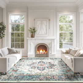 BESTSWEETIE 9x12 Area Rug Washable Rugs for Living Room, No Pile Boho Carpet for Entryway Bedroom Dinning Room, Vintage Carpet Print Distressed Non-Slip, 9 x 12 ft, Multi Navy Teal