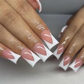 Enppode French Tips Nails Medium Press on Nails White Fake Nails Glossy Full Cover Nails for Women 24 PCS/Set