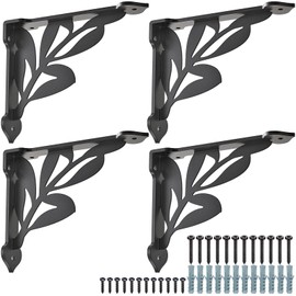 SELEWARE Heavy Duty Shelf Brackets 12 Inch, Branch Shelves Brackets, 300LB Capacity Decorative Metal L Brackets for Floating Shelves, Black Rustic Wall Mount Shelving Bracket with Screws, 4 Pack