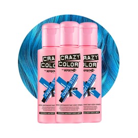 Crazy Color Vibrant Capri Blue Semi-Permanent Trio Hair Dye. Highly Pigmented Electric Blue Conditioning & Oil Nourishing Vegan Formula | No Bleach or Ammonia | 300ml