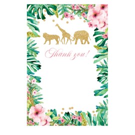 30 Blank Thank You Cards Jungle Safari For Girls Floral Pink Green + 30 White Envelopes