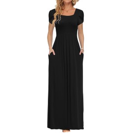 AUSELILY Women's Maxi Dresses with Pockets Petal Short Sleeve Square Neck Casual Long Dress 2025 Black L