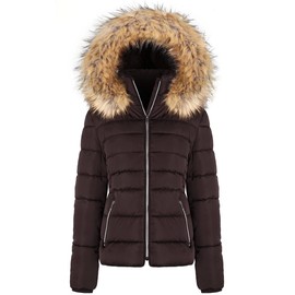 BodiLove Women's Puffer Jacket with Removable Faux Fur Hood and Zipper Brown XL