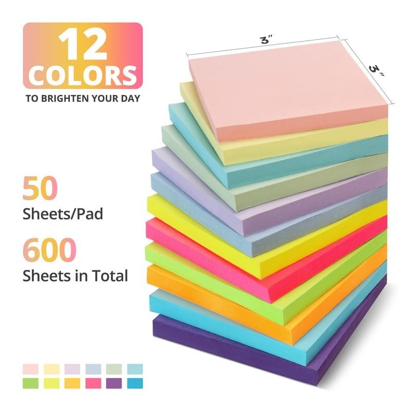 Sticky Notes, 12 Pads, 3x3 inches, Colorful Self-Stick Note Pads,