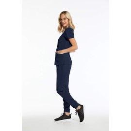 Scrubs for Women Set 7 Pocket 4-Way Stretch Mock Wrap and Jogger Pant Elements EL9905 (Navy, Medium)