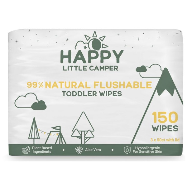 Happy Little Camper Natural Flushable Baby Wipes with Aloe Vera and Chamomile Extract, Chlorine-Free, Unscented Wet Wipes, Hypoallergenic, Gentle on Sensitive Skin, Septic Safe, 150 Count