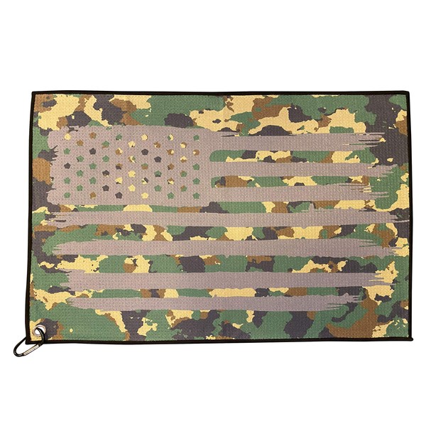 Microfiber Golf Towel - Thin Green Line Military Camo American Flag Graphic Golf Towel with Carabiner