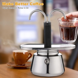 Stainless Steel Thickened Moka Pot,Stovetop Double Spout Espresso Maker, 100ml Dual Pipe Nonslip Strainer, Coffee Machine for Making Espressoes Cappuccino Latte, Home, Camping