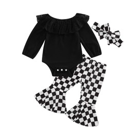 VISGOGO Baby Bell Bottoms Toddler Newborn Girl Outfits Fall Winter 3 6 9 12 18 Months Floral Print Flare Pants for Girls Black