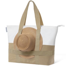 Reiseresa Beach Bag for Women Large Beach Tote with Zip and Hat Holder Strap, Waterproof Swimming Bag, Canvas Khaki