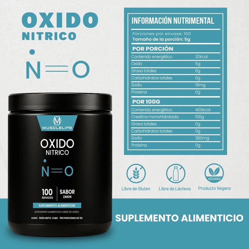 Óxido Nítrico Pre Entreno Suplemento Muscle Life 500g 100se