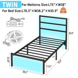 CLIBFENG Twin Bed Frame with Headboard,Heavy Duty Steel Slats Support-LED Bed Frame with USB Charging Station,Mattress Foundation-Under Bed Storage,No Box Spring Needed,Noise Free，Black